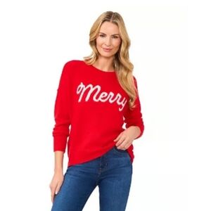 CeCe Red "Merry" Script Crewneck Long-Sleeve Sweater Medium